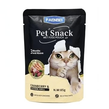 پوچ گربه پت اسنک فنبی طعم میکس کرنبری ، مرغ و میگو 85 گرم